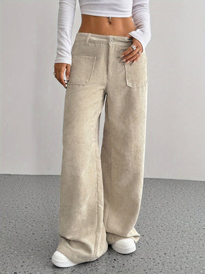 Comfy Family 1pc Women'S Casual Corduroy Wide Leg Pants, Solid Pattern, Polyester, Four Seasons, Adult Fit, Woven Fabric