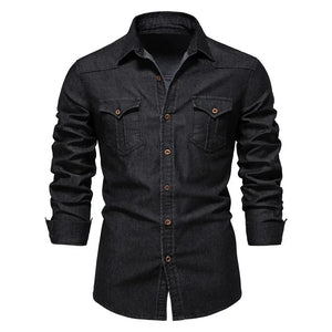 Comfy Family AIOPESON Brand Elastic Cotton Denim Shirt Men Long Sleeve Quality Cowboy Shirts for Men Casual Slim Fit Mens Designer Clothing Black / USA M 60-70 kg