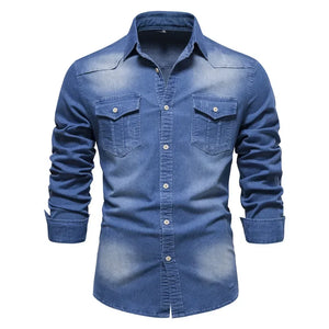 Comfy Family AIOPESON Brand Elastic Cotton Denim Shirt Men Long Sleeve Quality Cowboy Shirts for Men Casual Slim Fit Mens Designer Clothing MiddleBlue / USA M 60-70 kg