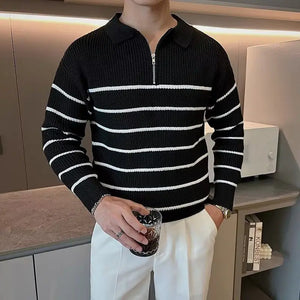 Comfy Family Autumn Winter Men's Fashion Vintage Striped Business Casual Knitted Sweater Male Polo Collar Half Zip Long Sleeve Slim Pullovers