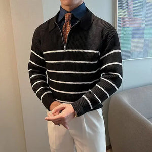 Comfy Family Autumn Winter Men's Fashion Vintage Striped Business Casual Knitted Sweater Male Polo Collar Half Zip Long Sleeve Slim Pullovers Black / XS