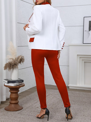 Comfy Family Color Block Two-piece Set, Casual Button Front Blazer & Straight Leg Pants Outfits, Women's Clothing