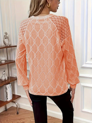 Comfy Family Elegant Lantern Sleeve Crew Neck Top - Exquisite Solid Lace Stitching, Feminine Eyelet Details, Comfortable Women's Clothing for Daily Wear