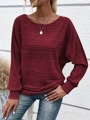 Comfy Family Solid Crew Neck Pullover Sweater, Casual Batwing Sleeve Loose Sweater, Women's Clothing