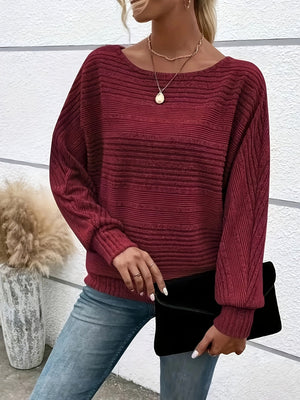 Comfy Family Solid Crew Neck Pullover Sweater, Casual Batwing Sleeve Loose Sweater, Women's Clothing