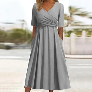 Xanthea - Pleated V-Neck Short Sleeve Dress